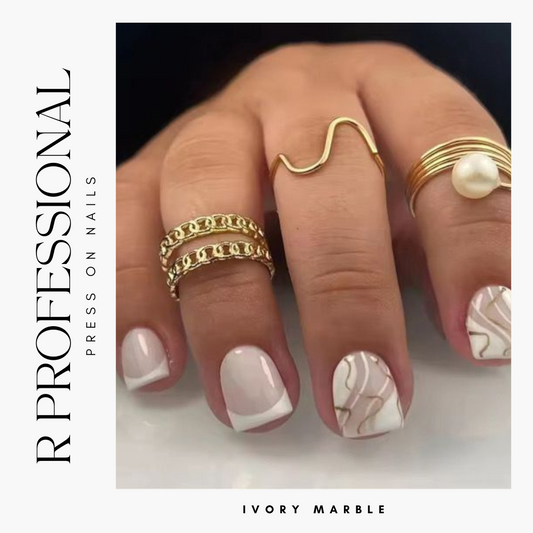 R PROFESSIONAL Press-On Nails – 24-Piece Set – Ivory Marble